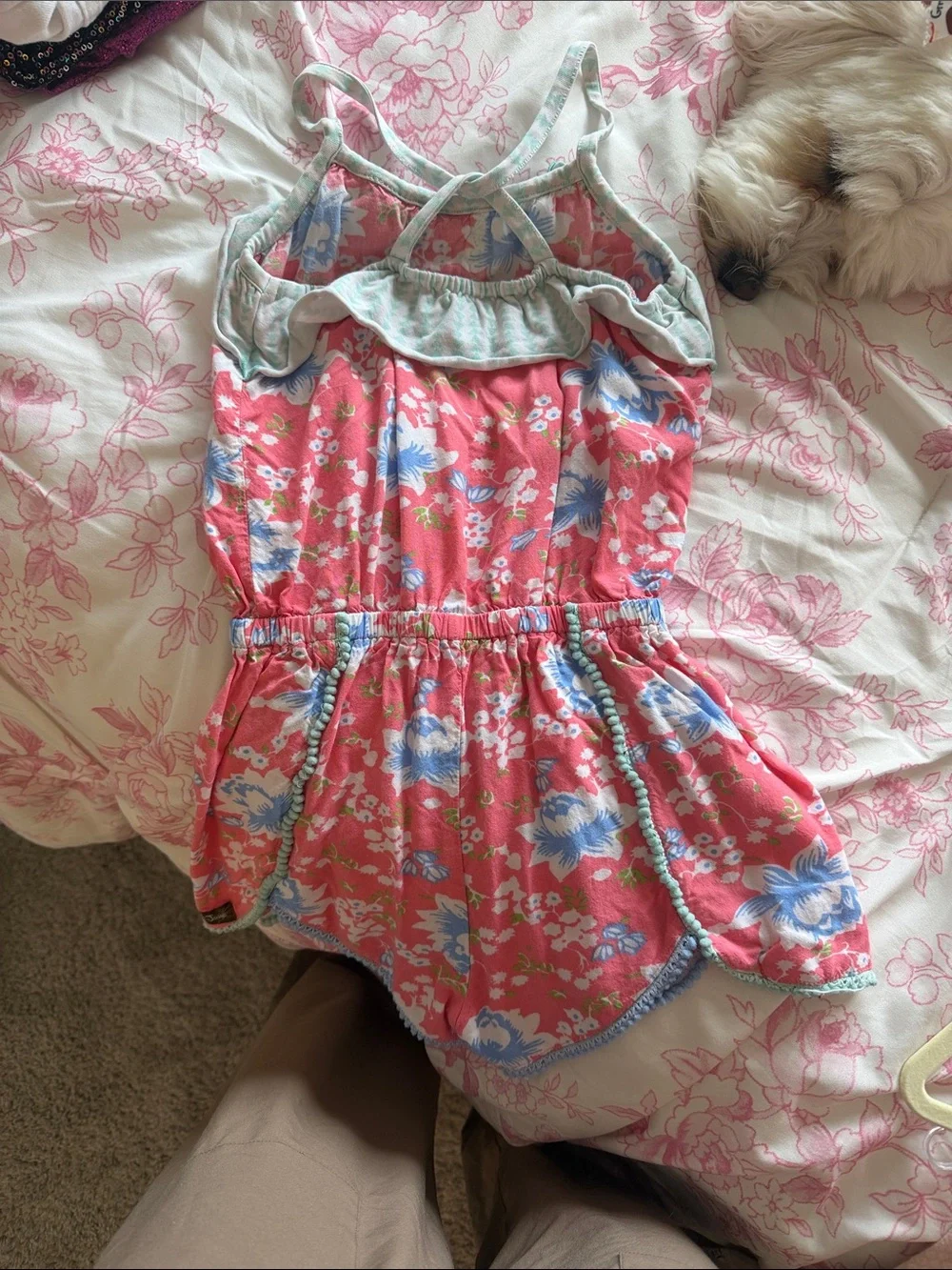 Matilda Jane Pink Floral Romper with Blue Flowers and Mint Trim